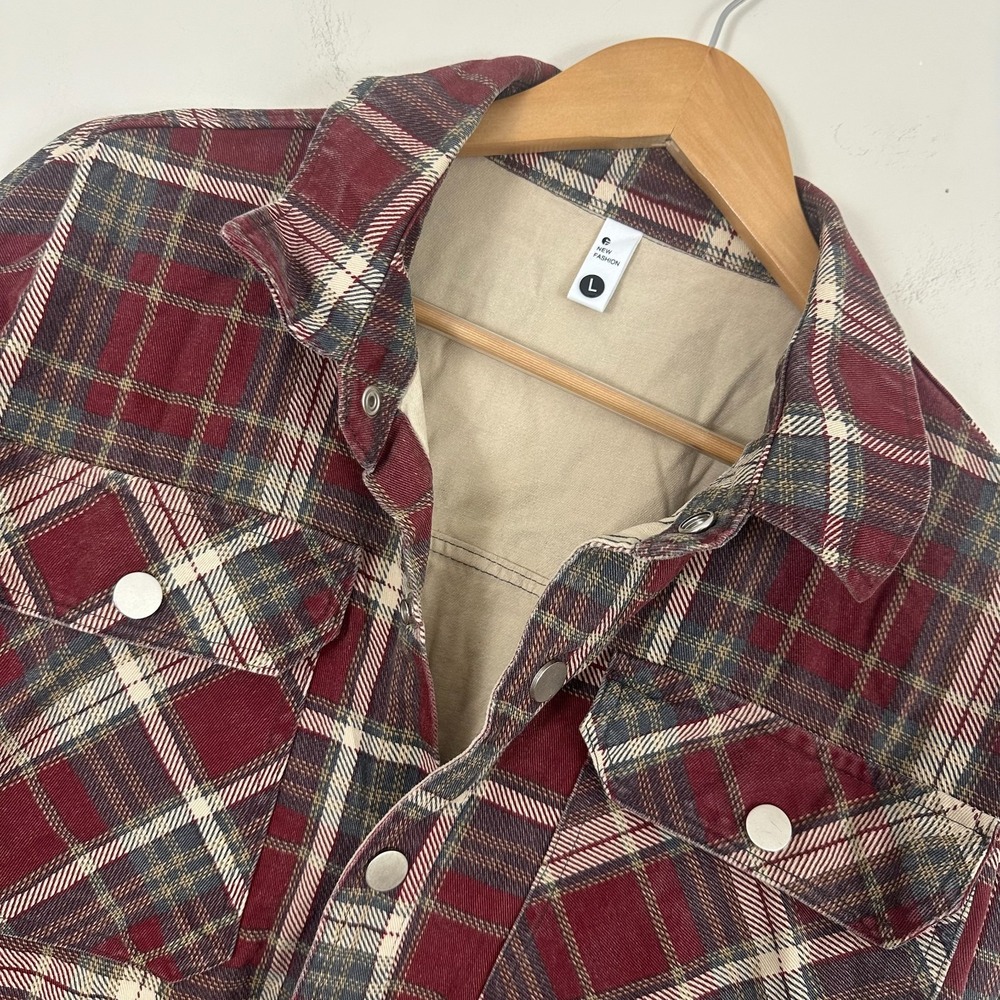 New Fashion Work Shirt Jacket Red Tartan Plaid Shacket Snap Button Women’s L